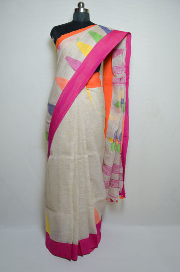 Picture of Nude Jamdani Work Linen Cotton Saree