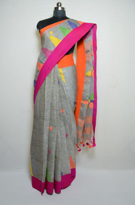Picture of Grey Jamdani Work Linen Cotton Saree