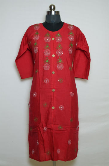 Picture of Red Round Neck Embroidered Kurta