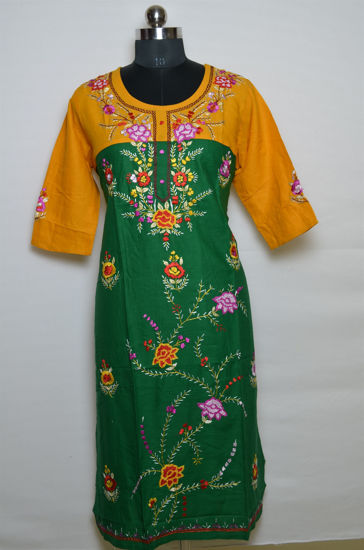Picture of Green and Mustard Yellow Round Neck Embroidered Kurta