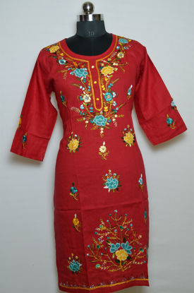 Picture of Red Round Neck Embroidered Kurta