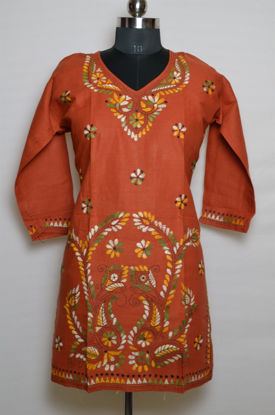 Picture of Brown V-Neck Embroidered Kurta