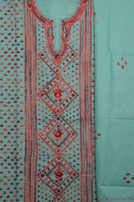 Picture of Pista Green with Red Embroidery Cotton Dress Material