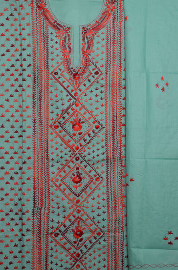 Picture of Pista Green with Red Embroidery Cotton Dress Material