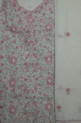 Picture of Ivory White with Pink and Green Embroidery Cotton Dress Material