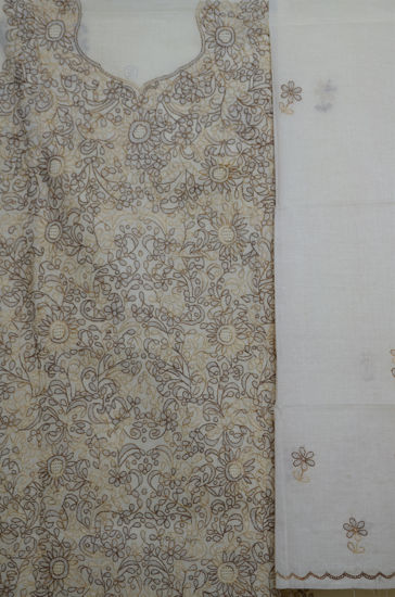 Picture of Ivory White with Brown Embroidery Cotton Dress Material
