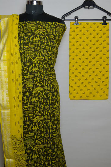 Picture of Green and Yellow Printed Cotton Dress Material