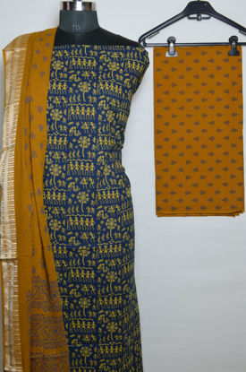 Picture of Navy Blue and Mustard Yellow Printed Cotton Dress Material