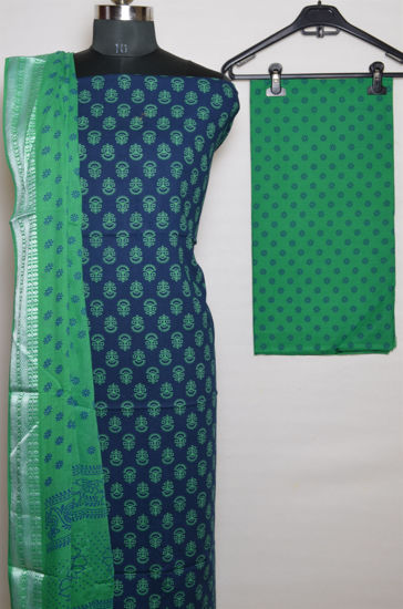 Picture of Navy Blue and Green Printed Cotton Dress Material