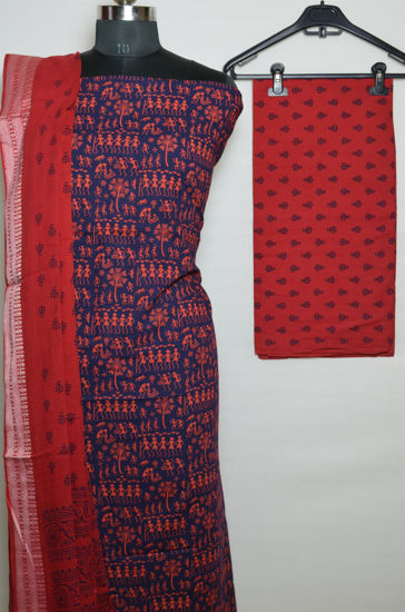 Picture of Navy Blue and Red Printed Cotton Dress Material