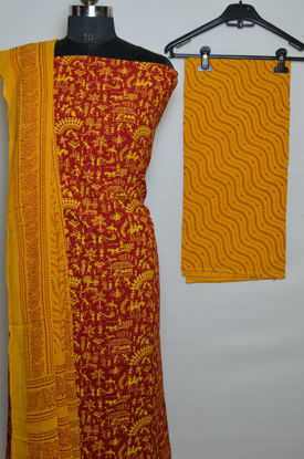 Picture of Red and Yellow Printed Cotton Dress Material