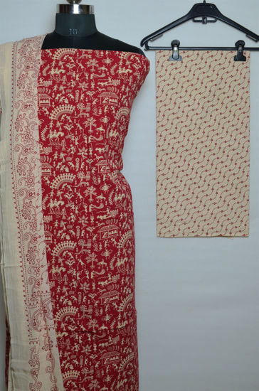 Picture of Red and Ivory White Printed Cotton Dress Material