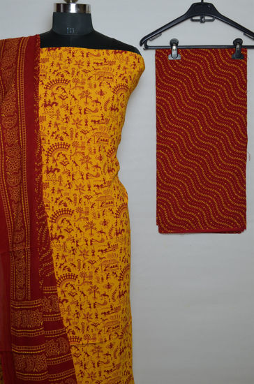 Picture of Yellow and Red Printed Cotton Dress Material