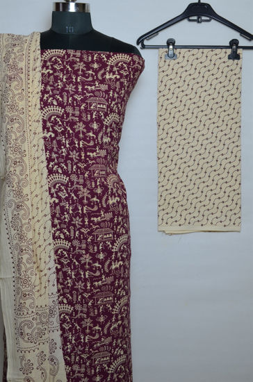 Picture of Maroon and Ivory White Printed Cotton Dress Material