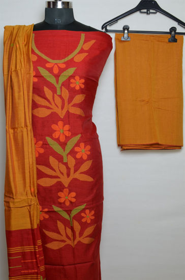 Picture of Red and Gold Jamdani Silk Handwoven Dress Material