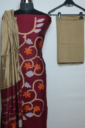 Picture of Maroon and Gold Jamdani Silk Handwoven Dress Material