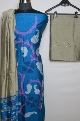 Picture of Peacock Blue and Grey Jamdani Silk Handwoven Dress Material
