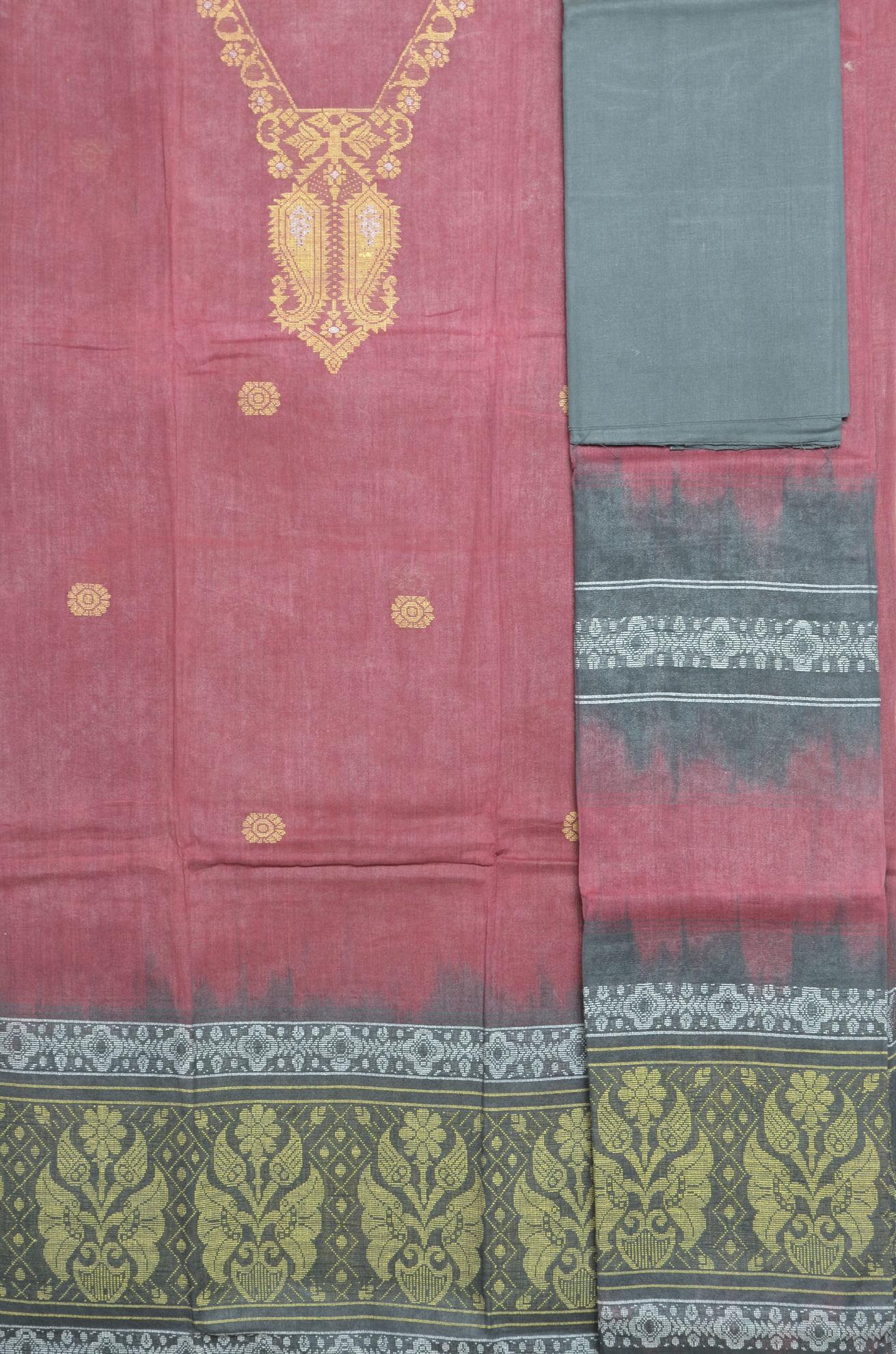0001296 maroon and black handloom tant jamdani cotton dress material