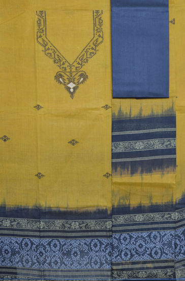 Picture of Musterd Yellow and Black Handloom Tant Jamdani Cotton Dress Material