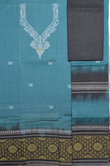Picture of Peacock Blue and Black Handloom Tant Jamdani Cotton Dress Material