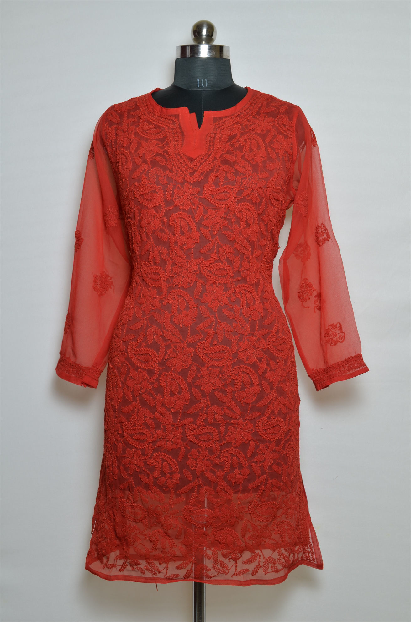 Tvis and Bliss. Hand Embroidered Red Lucknow Chikankari kurti