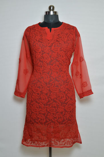 Picture of Hand Embroidered Red Georgette Lucknow Chikankari kurti