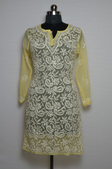 Picture of Hand Embroidered Lemon Yellow Georgette Lucknow Chikankari kurti