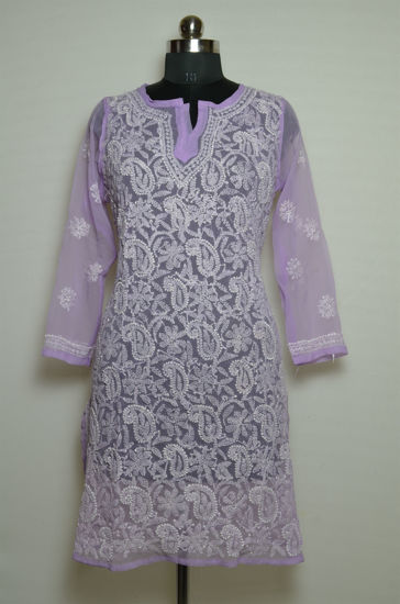 Picture of Hand Embroidered Lavender Georgette Lucknow Chikankari kurti