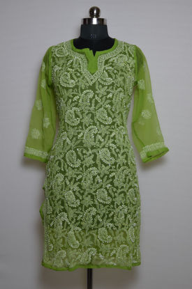 Picture of Hand Embroidered Green Georgette Lucknow Chikankari kurti