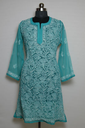 Picture of Hand Embroidered Sea Green Georgette Lucknow Chikankari kurti
