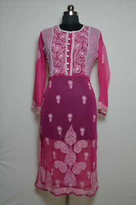 Picture of Hand Embroidered Pink and White Georgette Lucknow Chikankari kurti