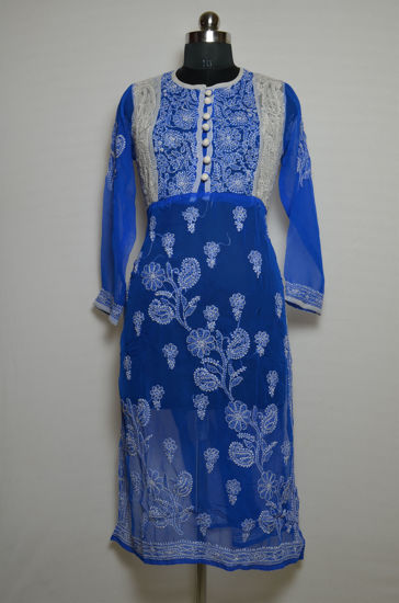 Picture of Hand Embroidered Blue and White Georgette Lucknow Chikankari kurti