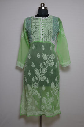 Picture of Hand Embroidered Green and White Georgette Lucknow Chikankari kurti