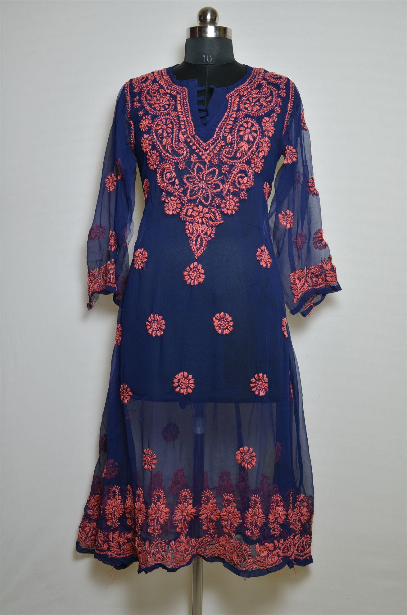 Tvis and Bliss. Hand Embroidered Navy Blue Lucknow Chikankari