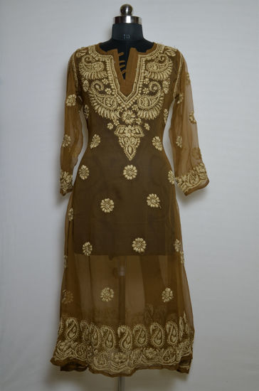 Picture of Hand Embroidered Brown Georgette Lucknow Chikankari kurti