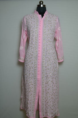 Picture of Hand Embroidered Baby Pink Georgette Lucknow Chikankari Gota kurti