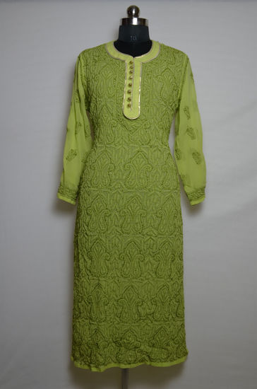 Picture of Hand Embroidered Olive Green Lucknow Chikankari kurti