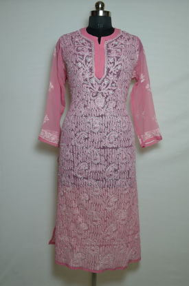 Picture of Hand Embroidered Pink Lucknow Chikankari kurti