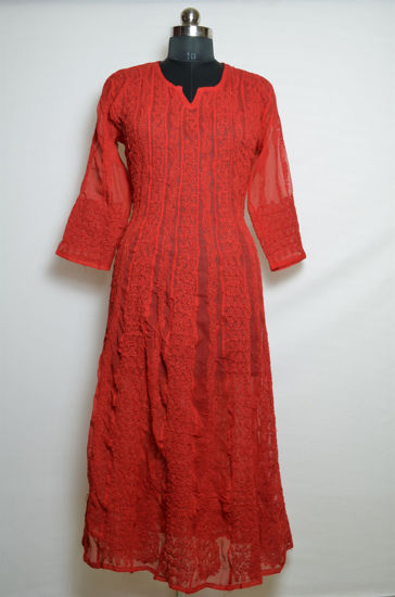 Picture of Hand Embroidered Red Lucknow Chikankari Anarkali kurti