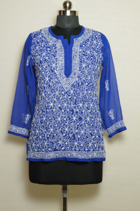 Picture of Hand Embroidered Royal Blue Georgette Lucknow Chikankari Short kurti