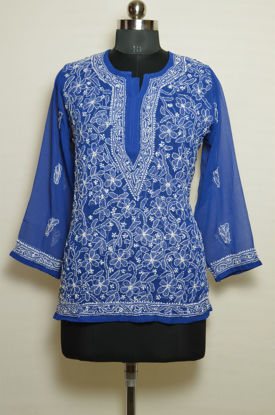 Picture of Hand Embroidered Blue Georgette Lucknow Chikankari Short kurti