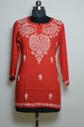 Picture of Hand Embroidered Red Rayon Lucknow Chikankari Short kurti