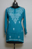 Picture of Hand Embroidered Peacock Blue Rayon Lucknow Chikankari Short kurti