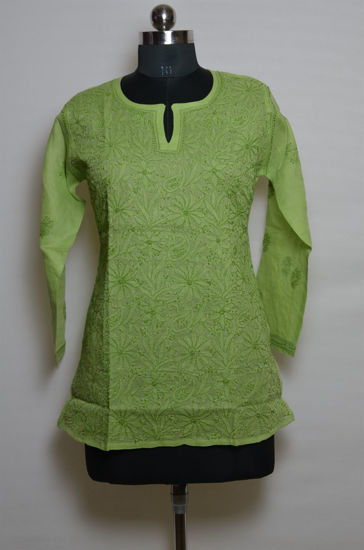 Picture of Hand Embroidered Light Green Cotton Lucknow Chikankari Short kurti