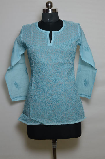 Picture of Hand Embroidered Sky Blue Cotton Lucknow Chikankari Short kurti