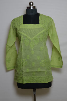 Picture of Hand Embroidered Light Green Cotton Lucknow Chikankari Short kurti