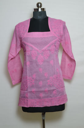 Picture of Hand Embroidered Pink Cotton Lucknow Chikankari Short kurti