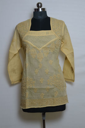 Picture of Hand Embroidered Nude Cotton Lucknow Chikankari Short kurti