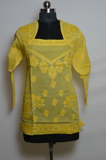 Picture of Hand Embroidered Yellow Cotton Lucknow Chikankari Short kurti