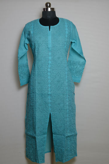 Picture of Hand Embroidered Blue Cotton Lucknow Chikankari kurti